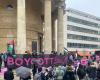 Protesters outside the BBC office in London are calling for a boycott of Eurovision