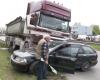 As a result of the accident, the truck pushes the car 150 meters forward